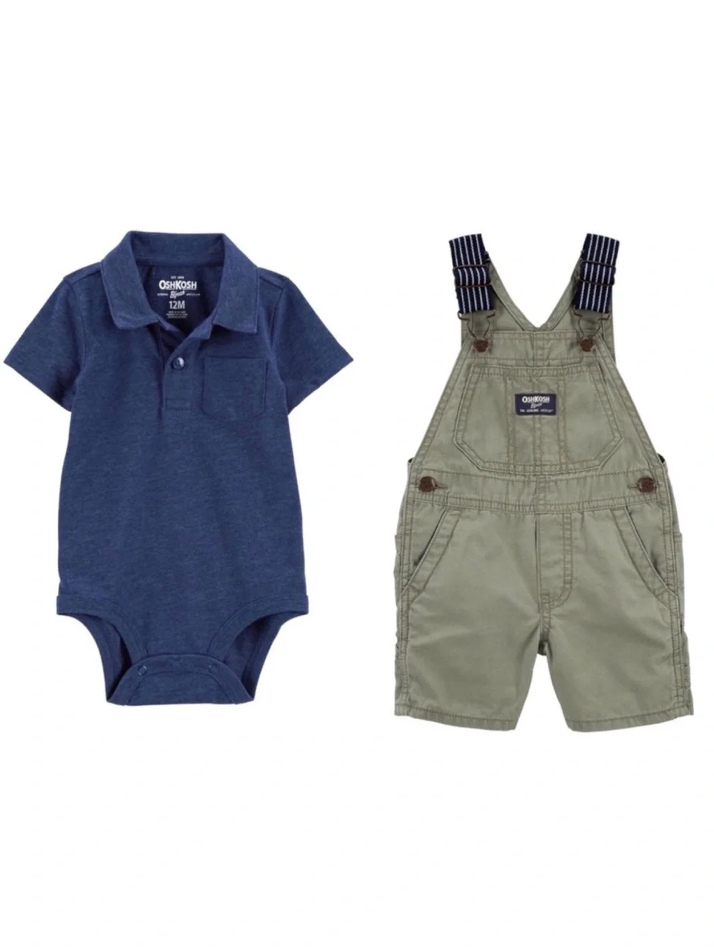 Oshkosh Olive Green & Navy Blue Polo Bodysuit & Overalls Outfit Size 12M